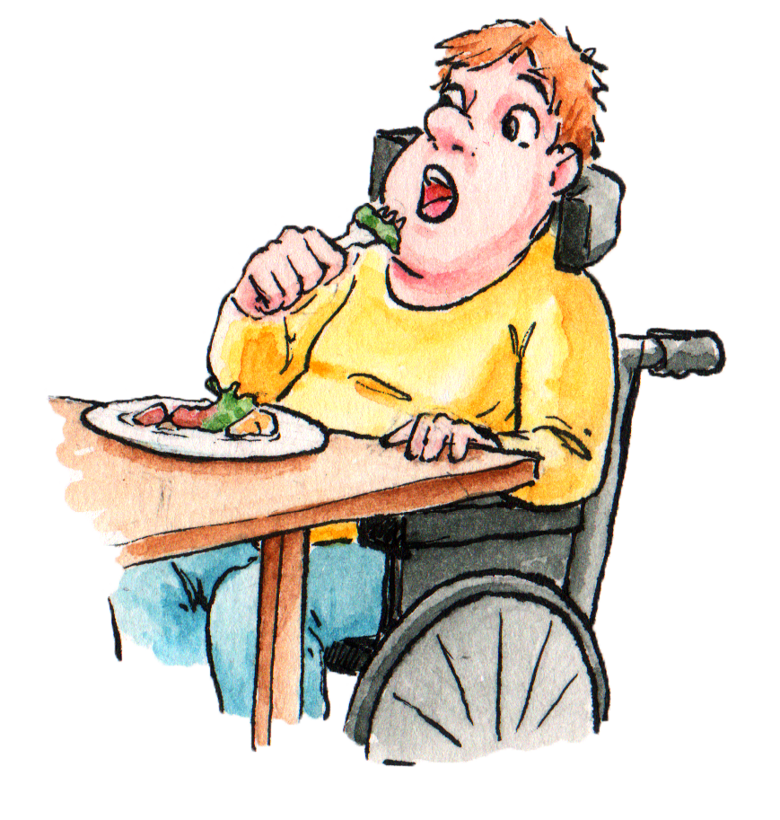 Boy in a wheelchair eating food with a fork.