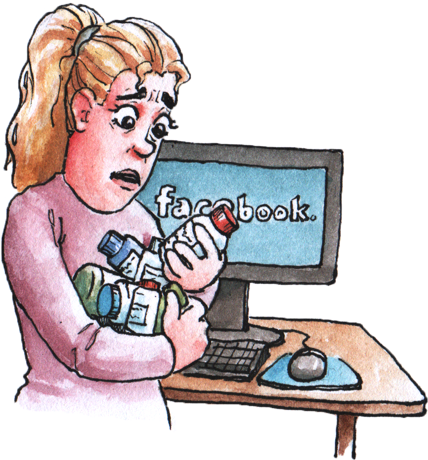 Worried mother with pill bottles in front of computer with facebook.