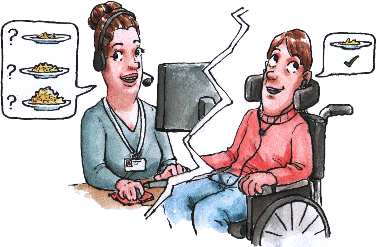 A woman and a man in a wheelchair talking on the phone about how big the food portions of the man are. Illustration for clinical nutrition.